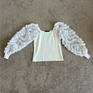 Marc New York White Puff-Sleeve Women's Knit Top with Ruffle Organza Sleeves